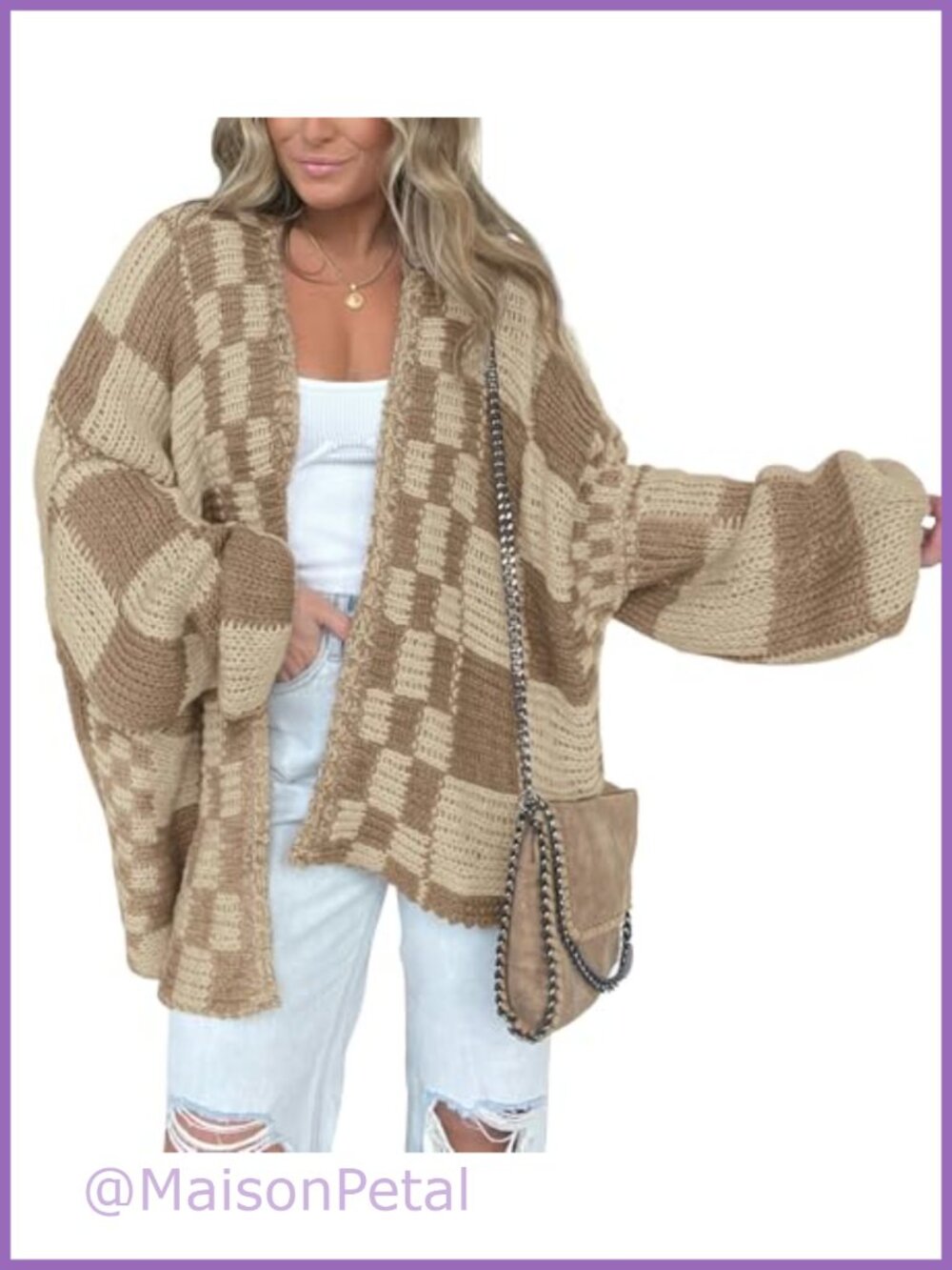 Women's Open Front Cardigan Checkered Long Sleeve Lightweight Knit Sweater